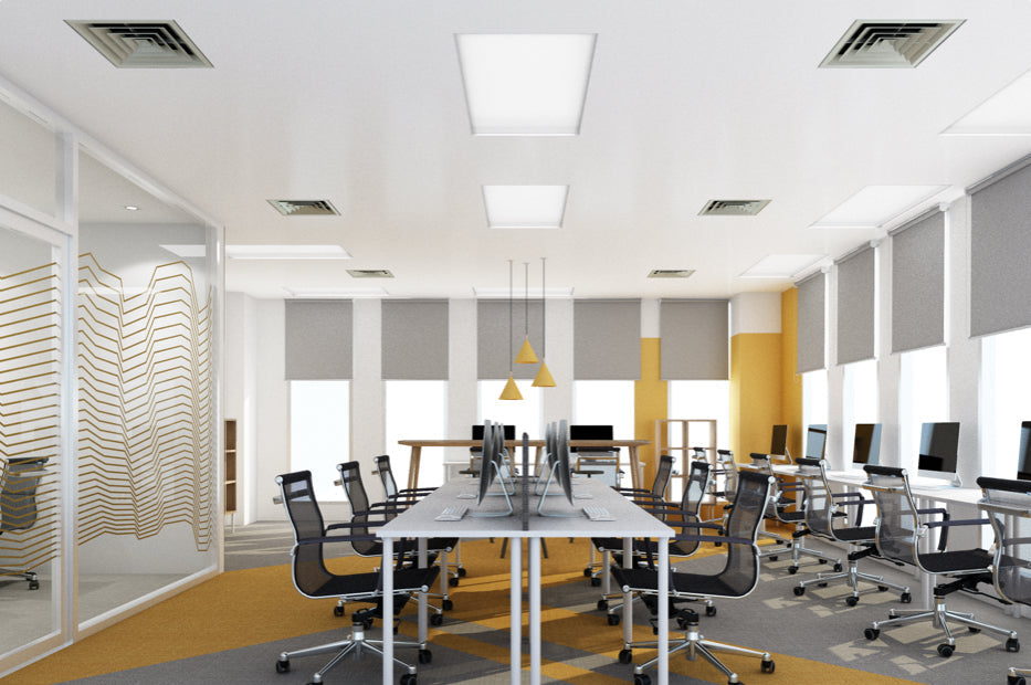 A bright office space illuminated with LED panel lights