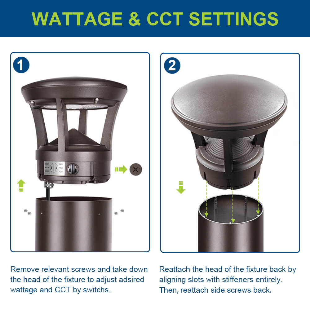 Instructions for adjusting wattage and CCT settings on a 4ft Konlite LED Bollard Light