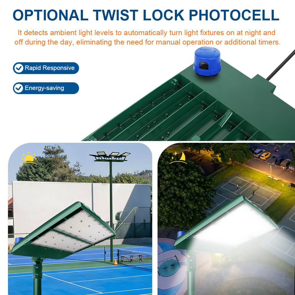 Konlite Spica 400W LED Tennis court light with twist lock photocell feature, used in outdoor settings.