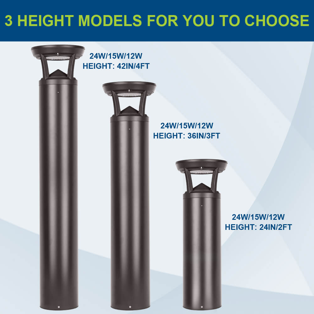 Three height models of a cylindrical outdoor light fixture with height and wattage information.