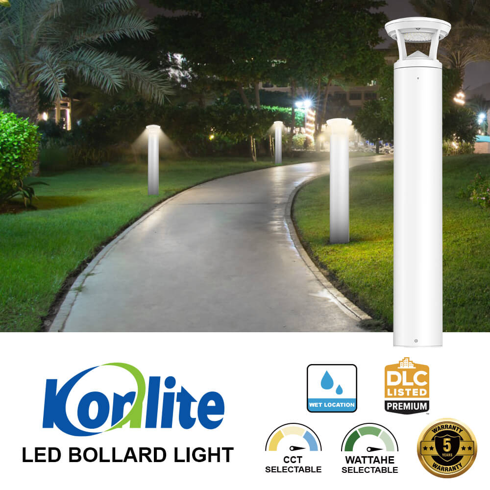 LED bollard light on a pathway with greenery at night, featuring Konlite branding and product features.