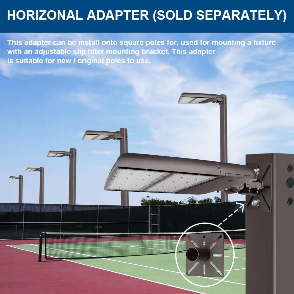 Konlite Spica 400W LED Tennis court light on a tennis court with text about a horizontal adapter.