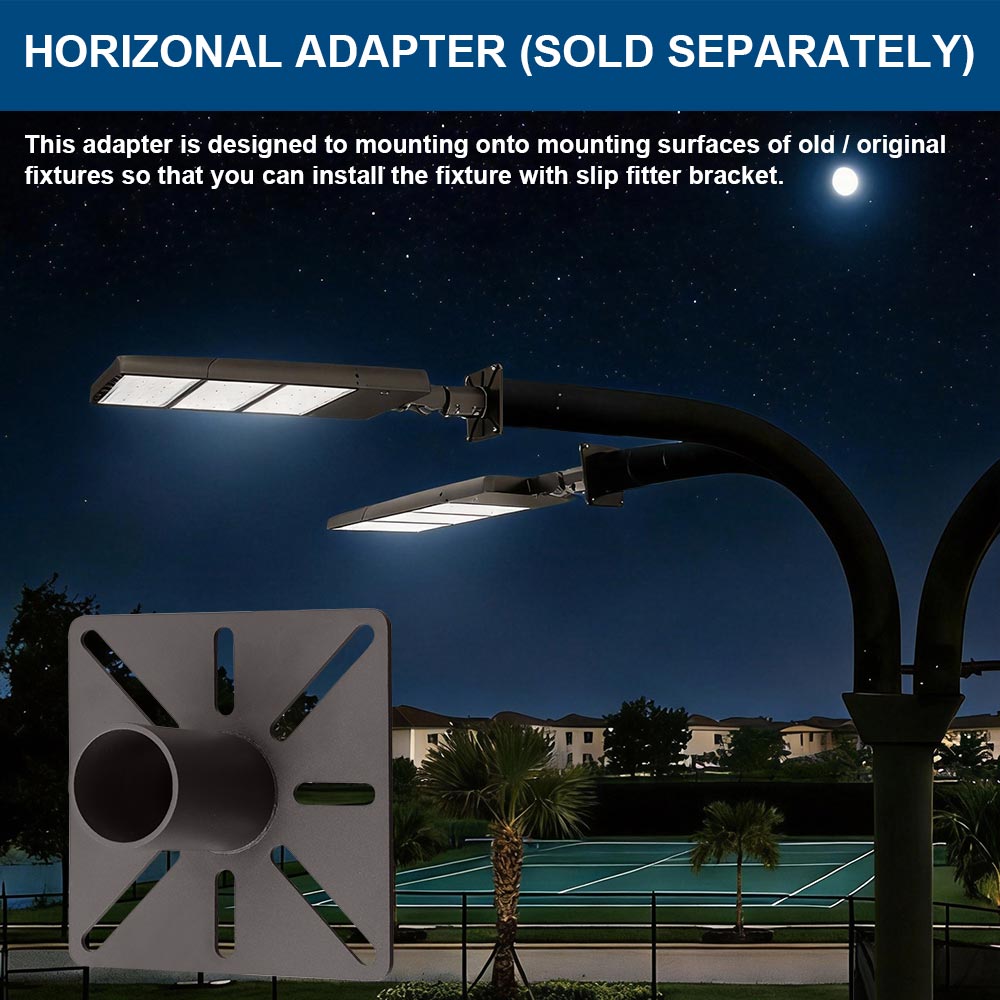 Konlite Spica 400W LED Tennis court light on a tennis court with text about a horizontal adapter.