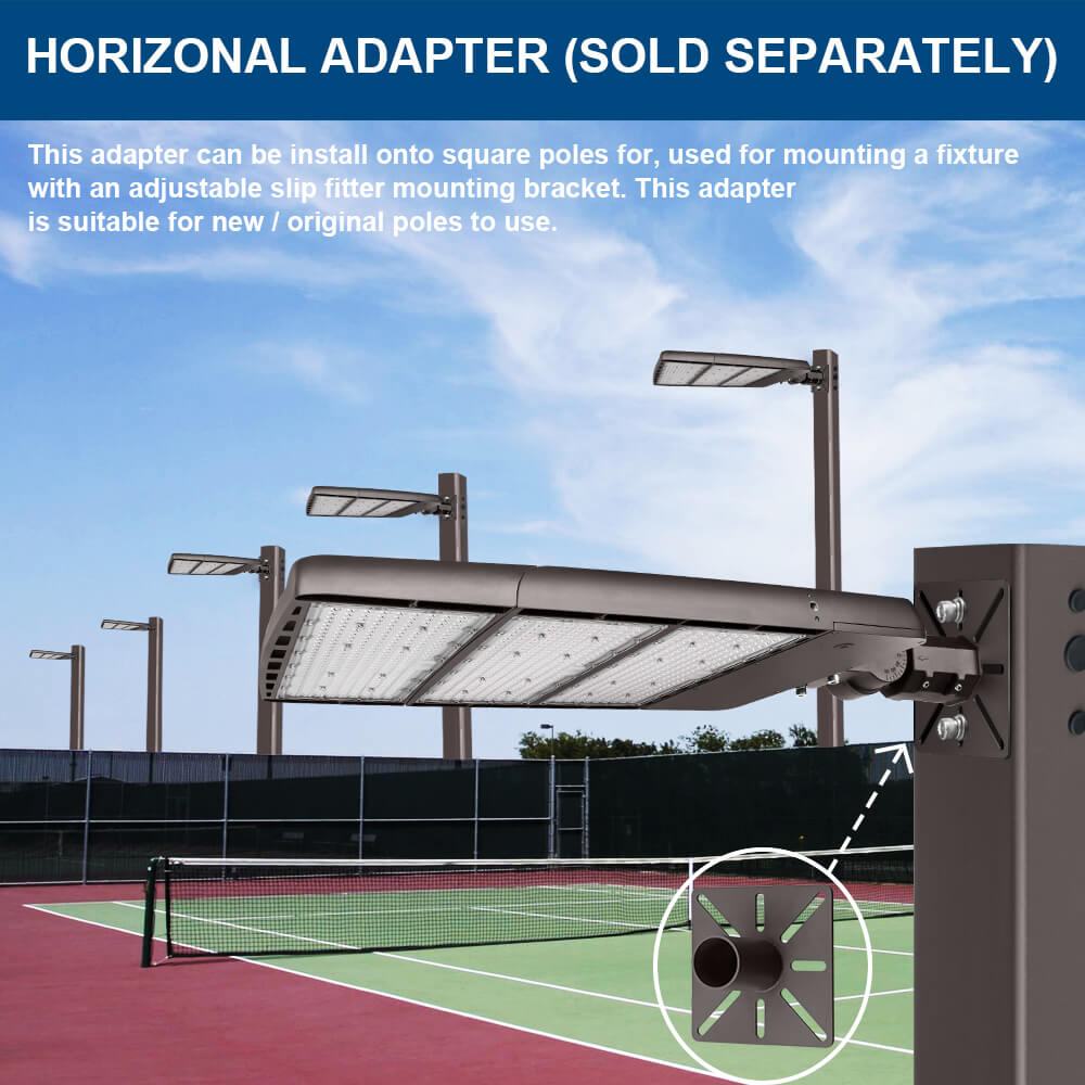 Konlite Spica 600W LED Tennis court light on a tennis court with a horizontal adapter.