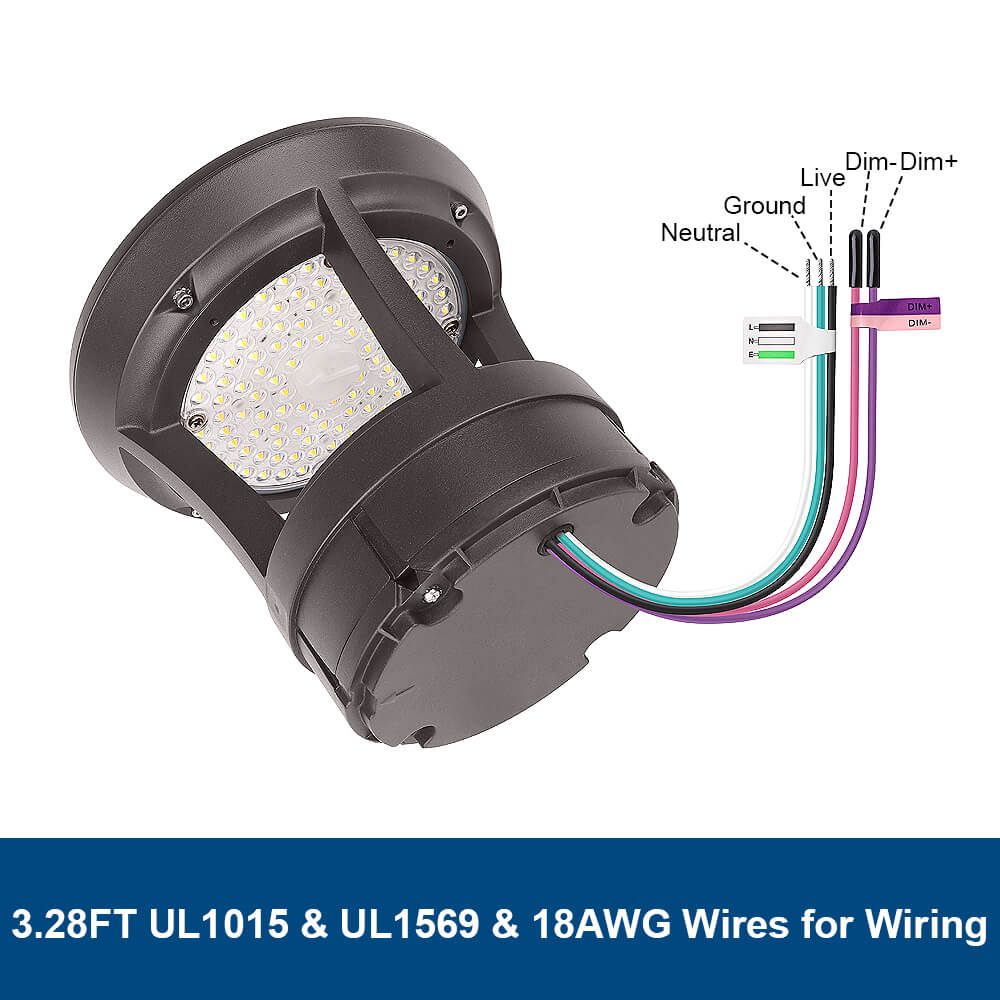 LED light fixture with wiring diagram and color-coded wires on a white background