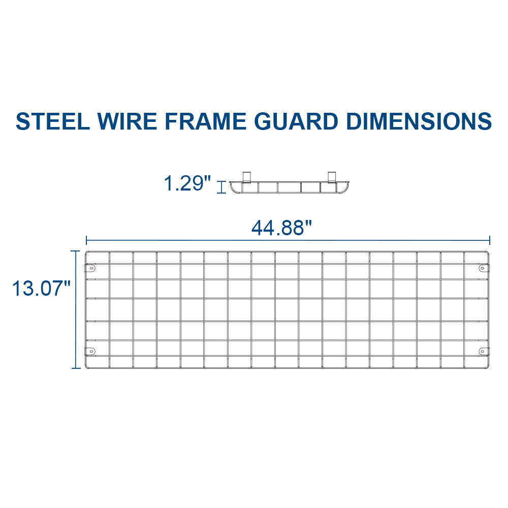 Diagram of a steel wire frame guard with dimensions labeled