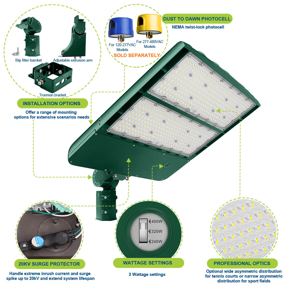 Konlite Spica 400W LED Tennis court light with Trunnion Mount with various components and features highlighted on a white background