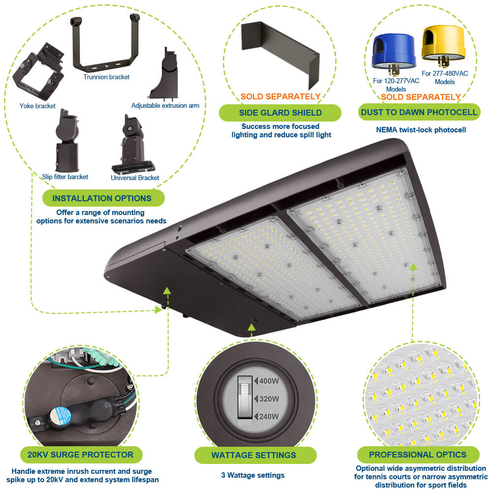 Konlite Spica 400W LED Tennis court light with Trunnion Mount with various components and features highlighted on a white background