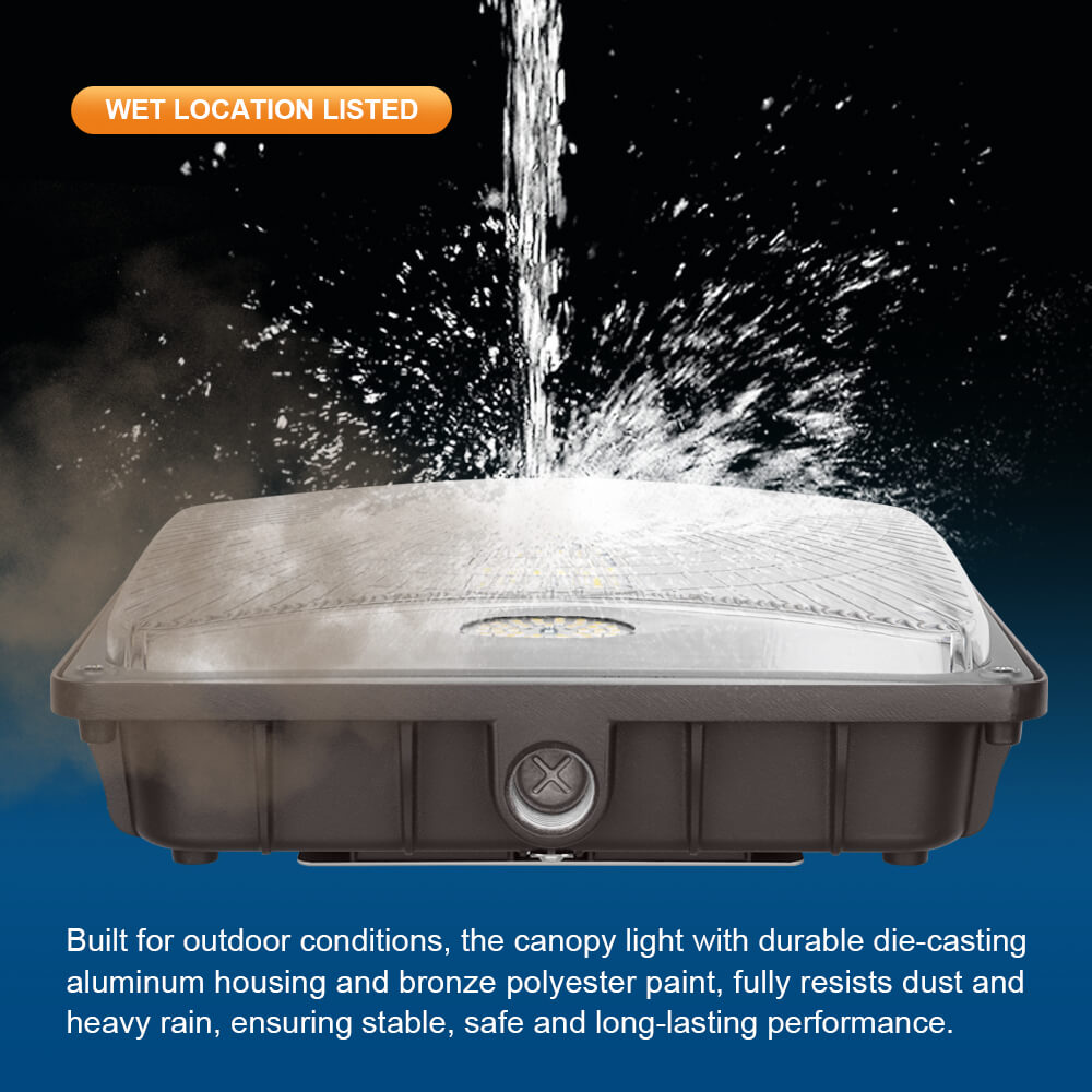 Canopy light with water splashing on it, labeled 'Wet Location Listed'.