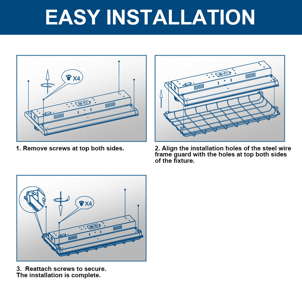 Step-by-step installation guide for a fixture with blue and white color scheme.