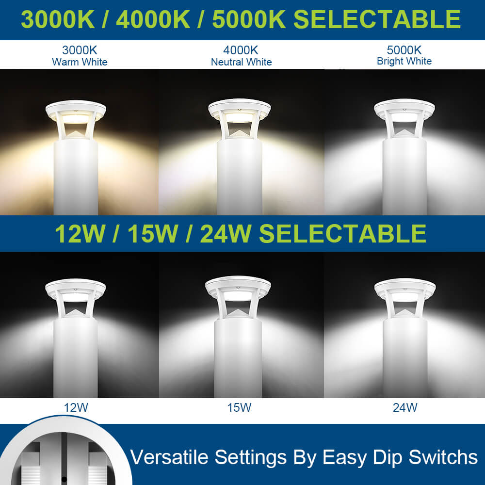 LED bollard color temperature and wattage options on a black background