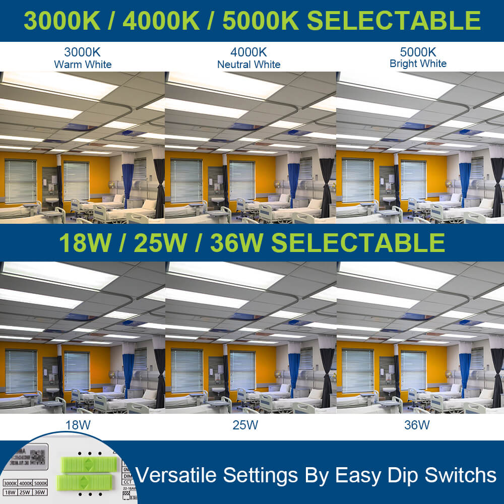 Ceiling lights with color temperature and wattage options in an office setting