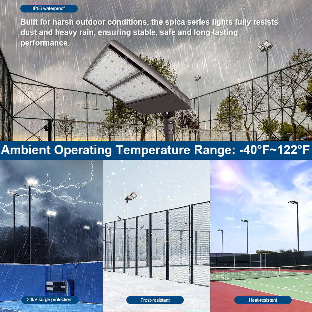 Konlite Spica 400W LED Tennis court light on weather resistance and temperature range, used in various outdoor conditions.