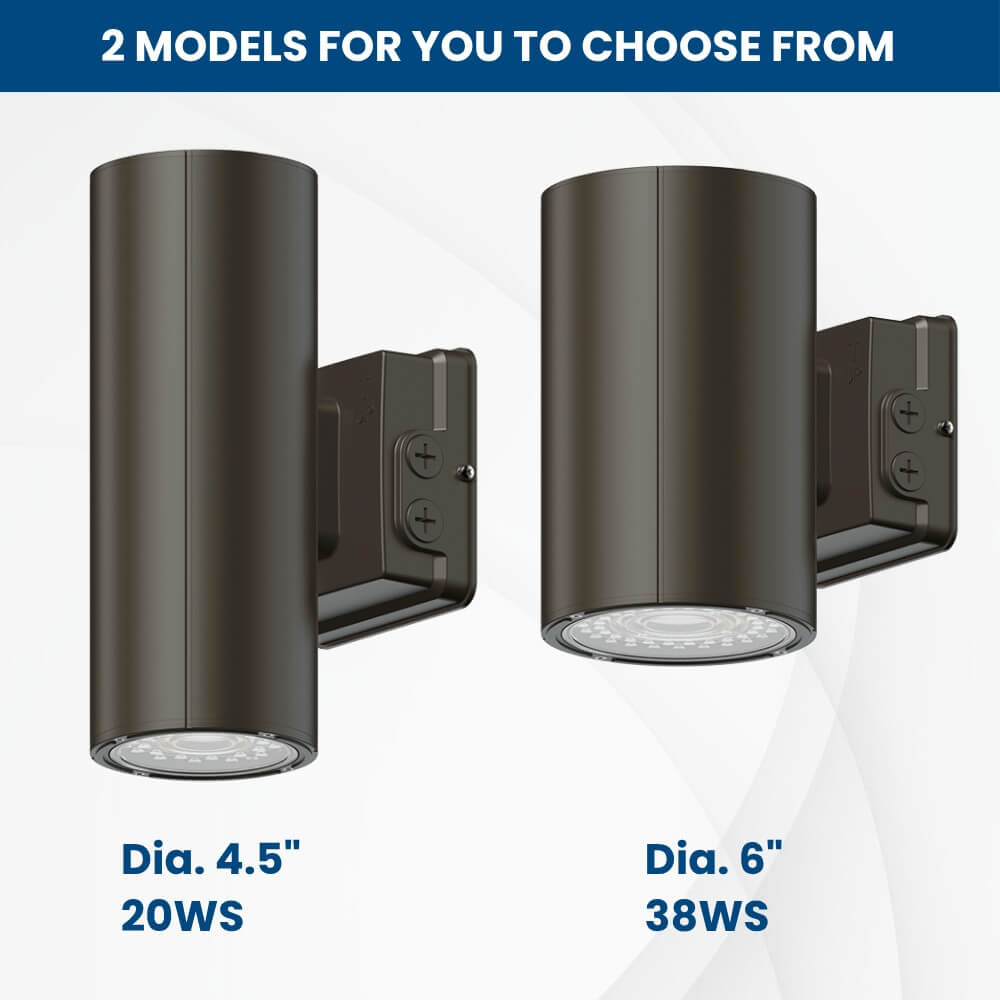 Two models of Konlite LED Cylinder Up and Down Wall Light fixture