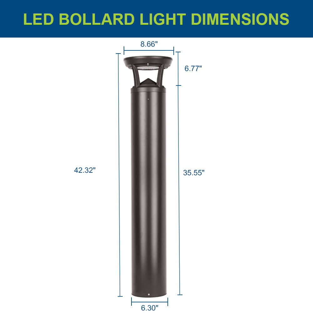Dimensions of an LED bollard light with measurements labeled.