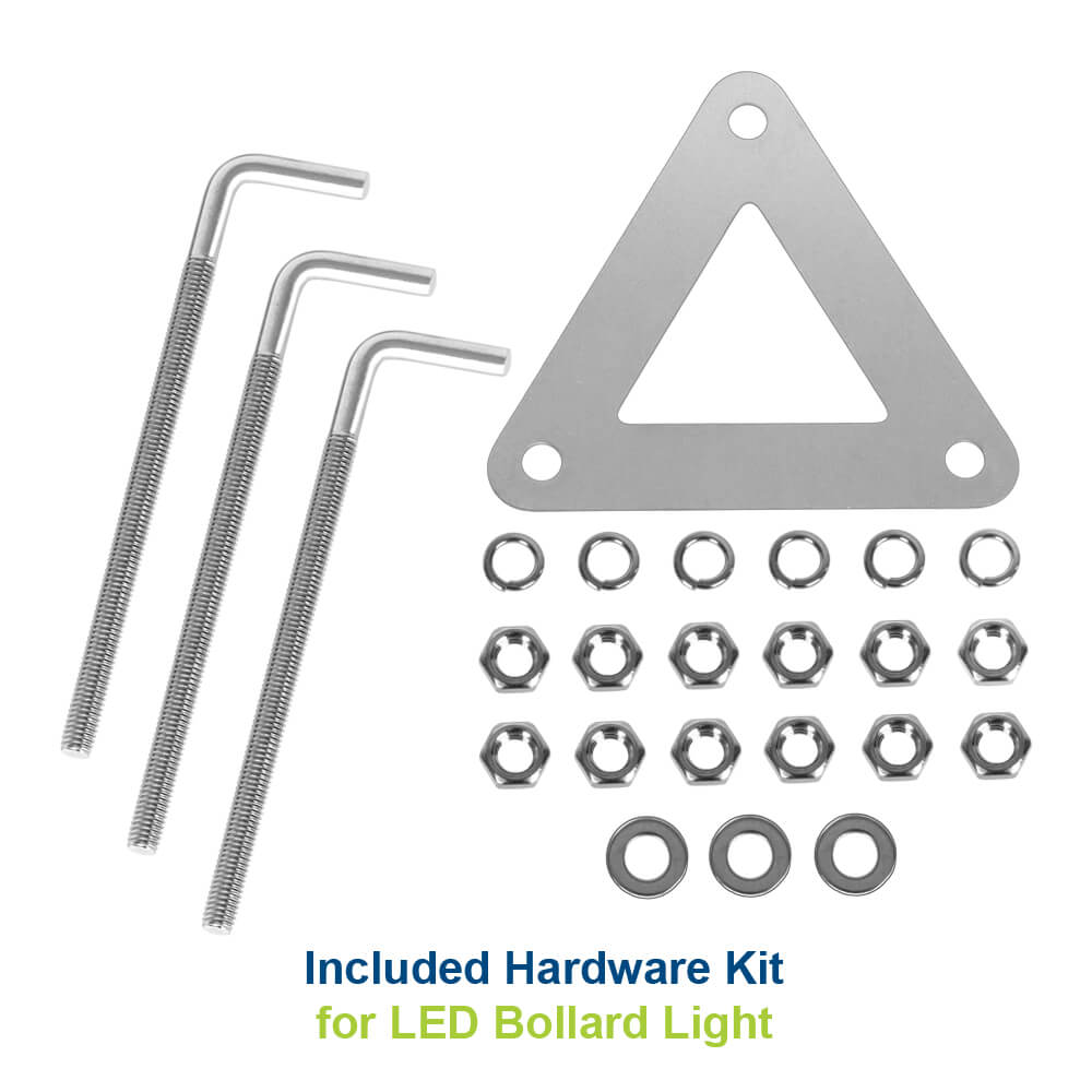 Included hardware kit for LED bollard light on a white background