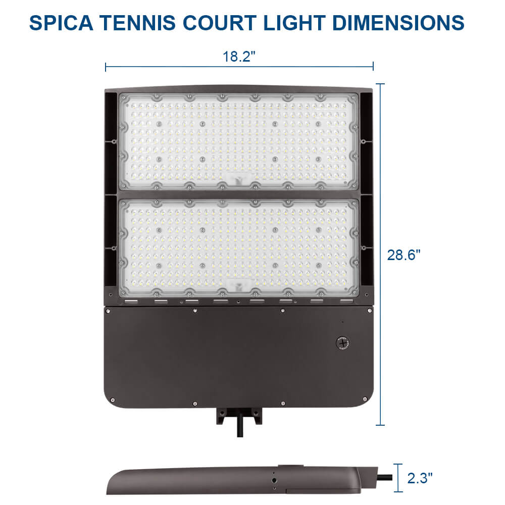 Konlite Spica 400W LED Tennis court light light dimensions shown with measurements on a white background