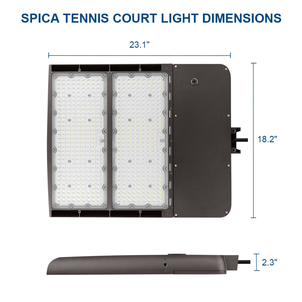 Konlite Spica 400W LED Tennis court light light dimensions shown with measurements on a white background