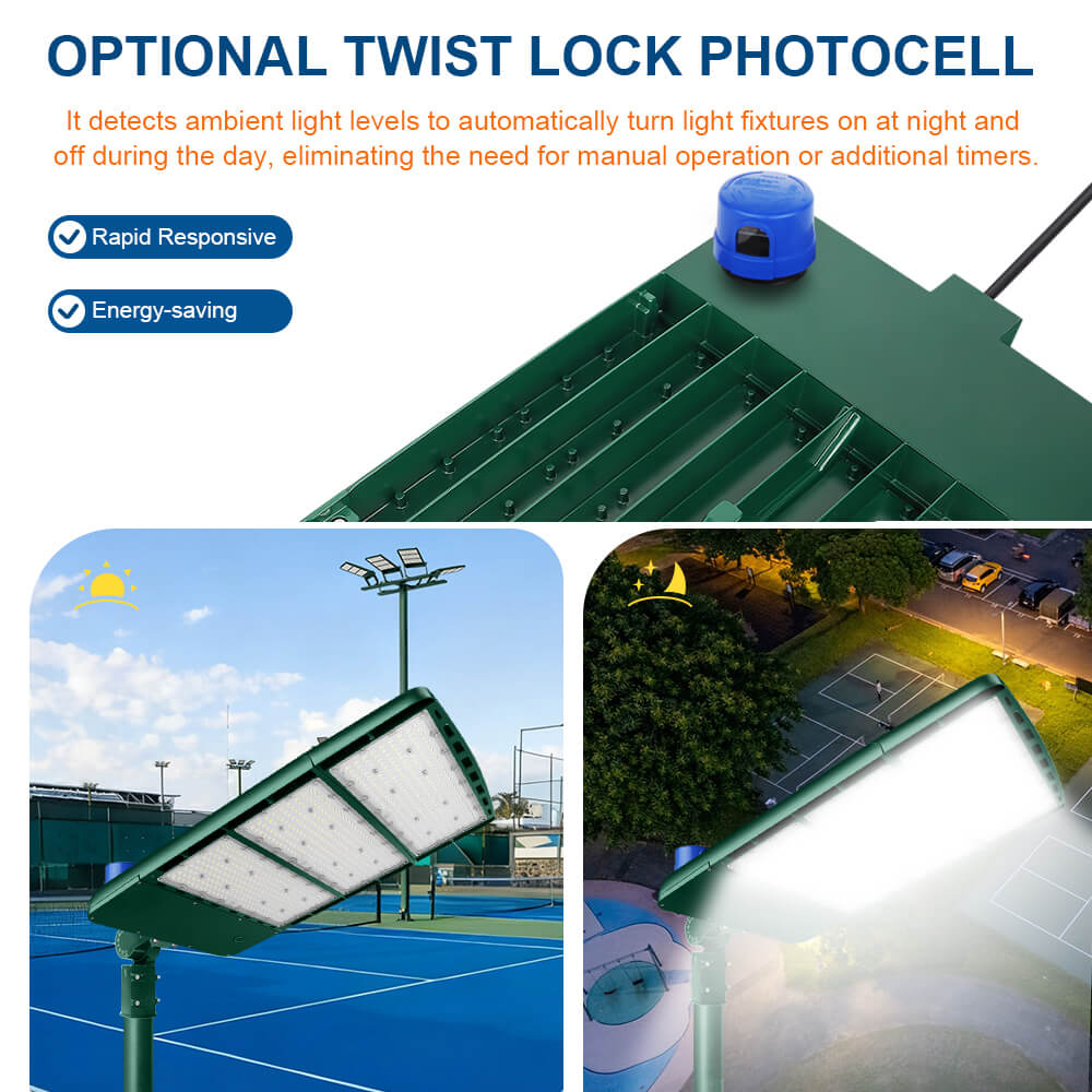 Konlite Spica 600W Hunter Green LED Tennis court light with twist lock photocell feature, showing outdoor applications.