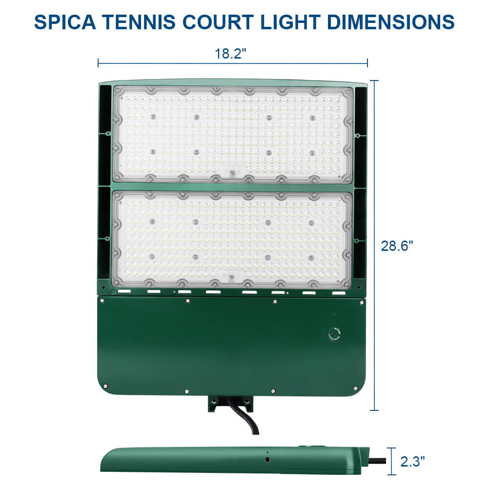 Dimensions of a Konlite Spica Green 400W LED Tennis court light