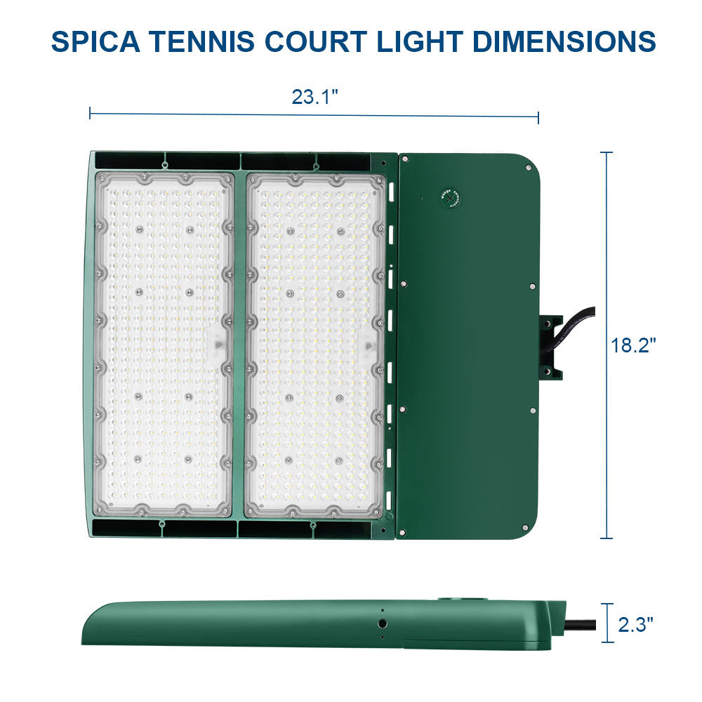 Dimensions of a Konlite Spica Green 400W LED Tennis court light