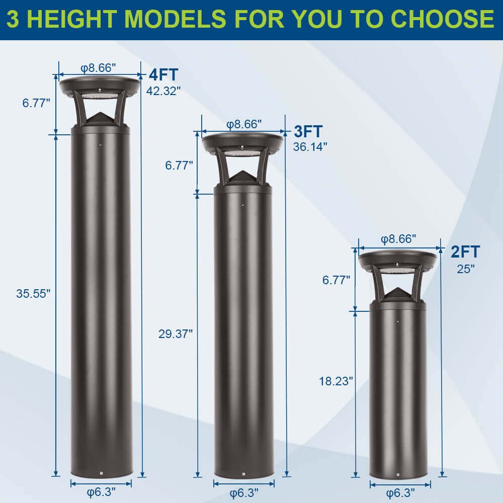 Three height models of a cylindrical light fixture with measurements on a blue and white background.
