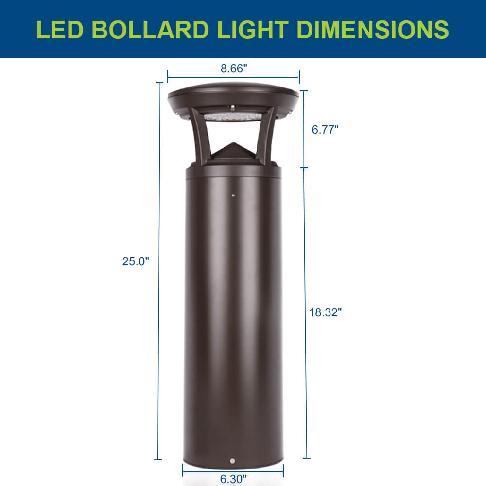 2 ft. LED bollard light with dimensions labeled on a white background