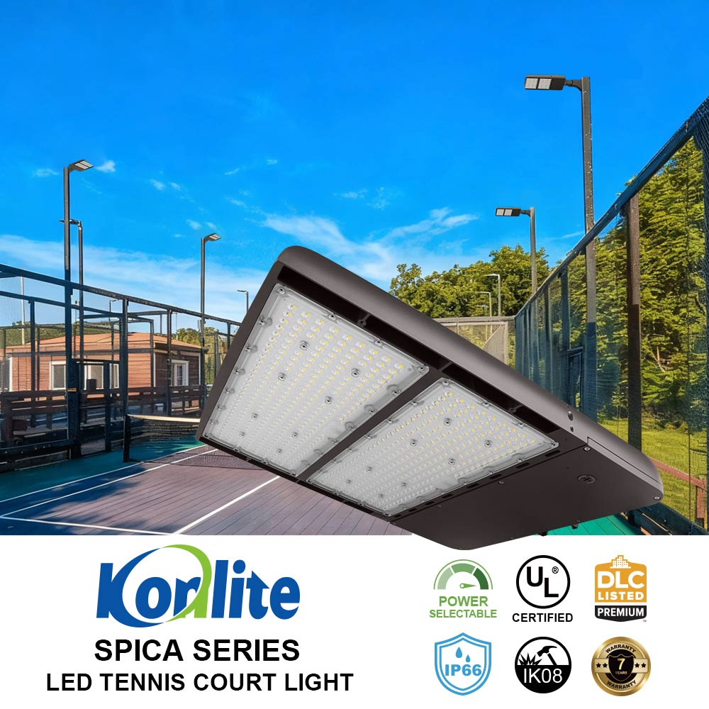 Koralite Spica Series LED tennis court light on a tennis court with a blue sky.