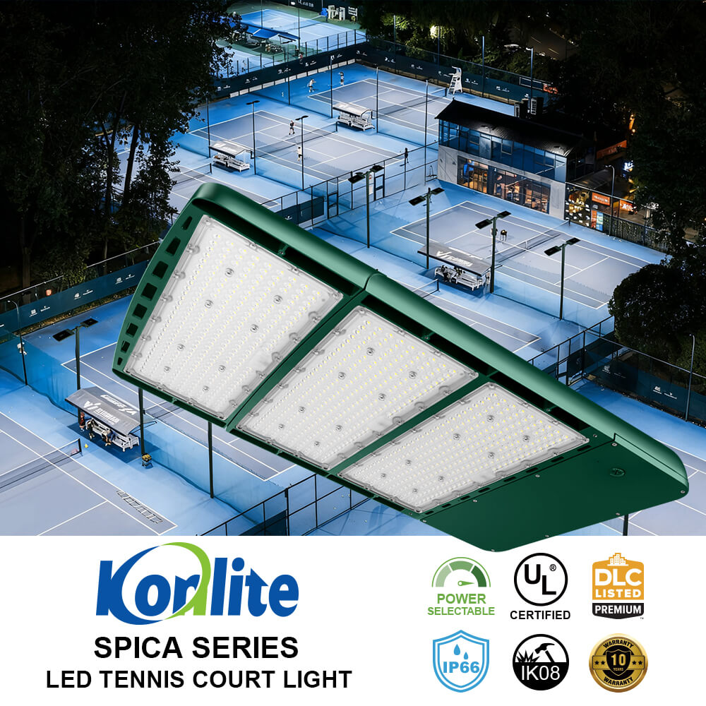 Koralite LED tennis court light with a nighttime view of an outdoor tennis complex.
