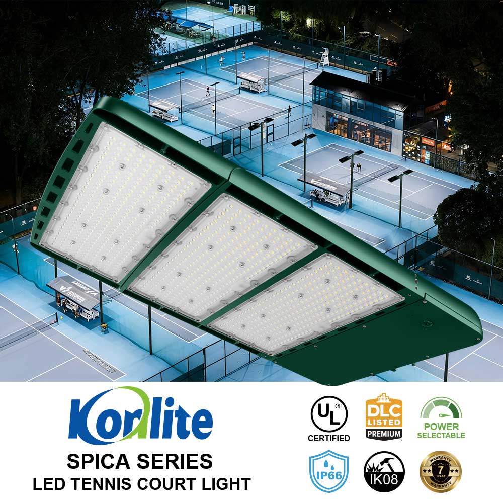 Koralite LED tennis court light with a nighttime view of an outdoor tennis complex.