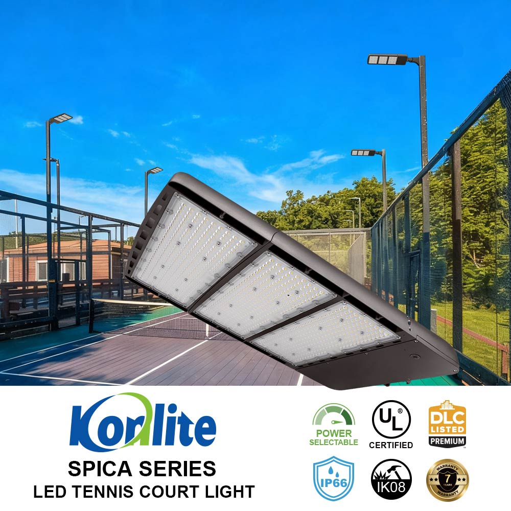 Koralite Spica Series LED tennis court light with a tennis court background