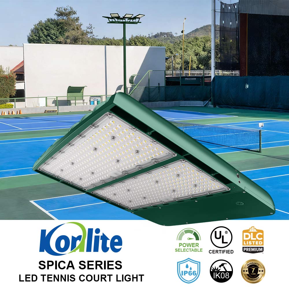 Koralite Spica Series hunter green LED tennis court light on a tennis court with visible branding and certification logos.