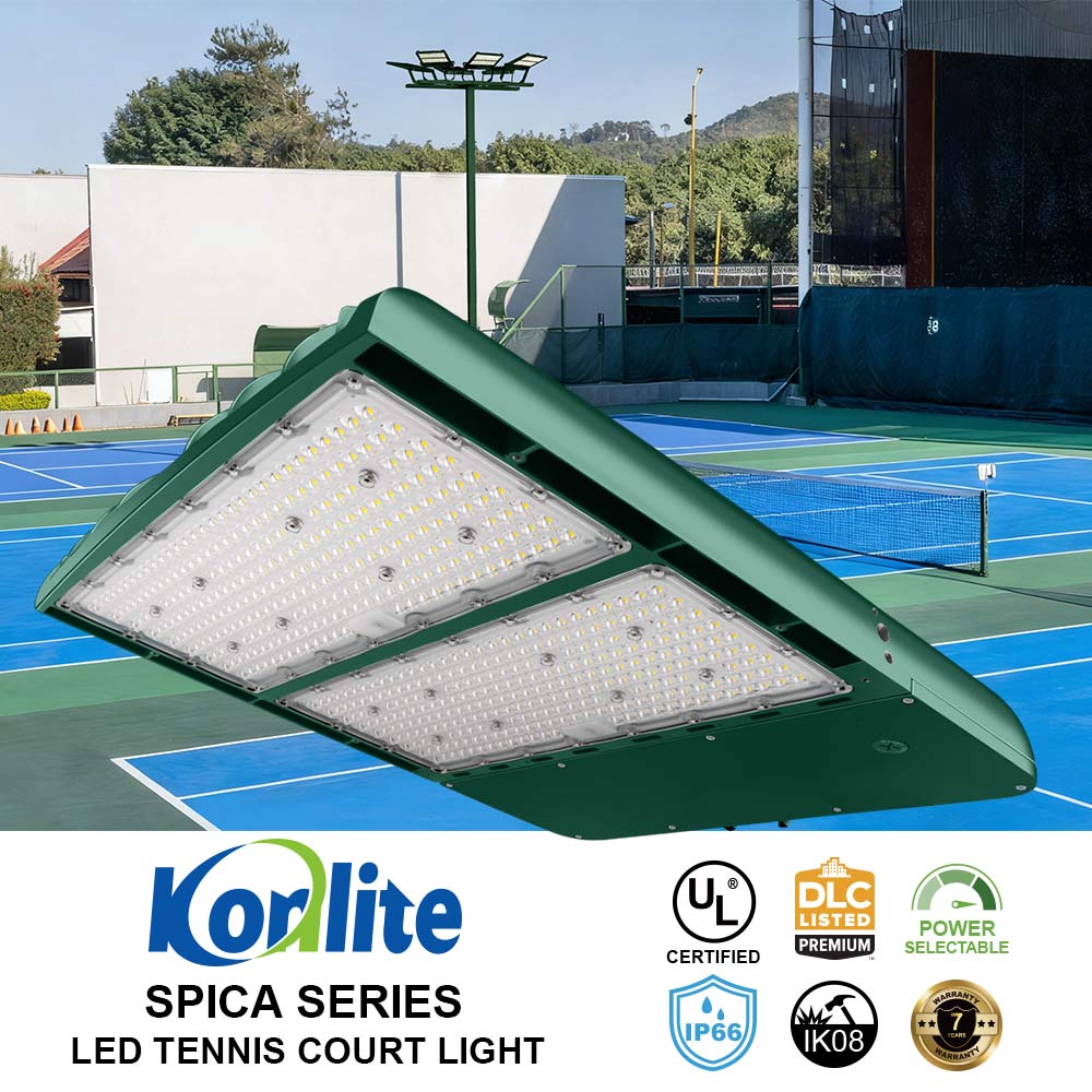 Koralite Spica Series hunter green LED tennis court light on a tennis court with visible branding and certification logos.