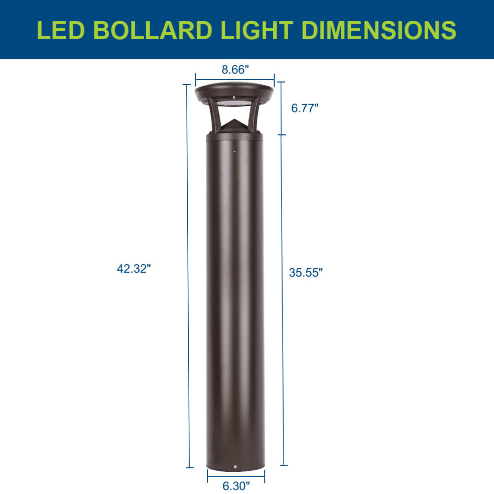 LED bollard light with dimensions labeled on a white background