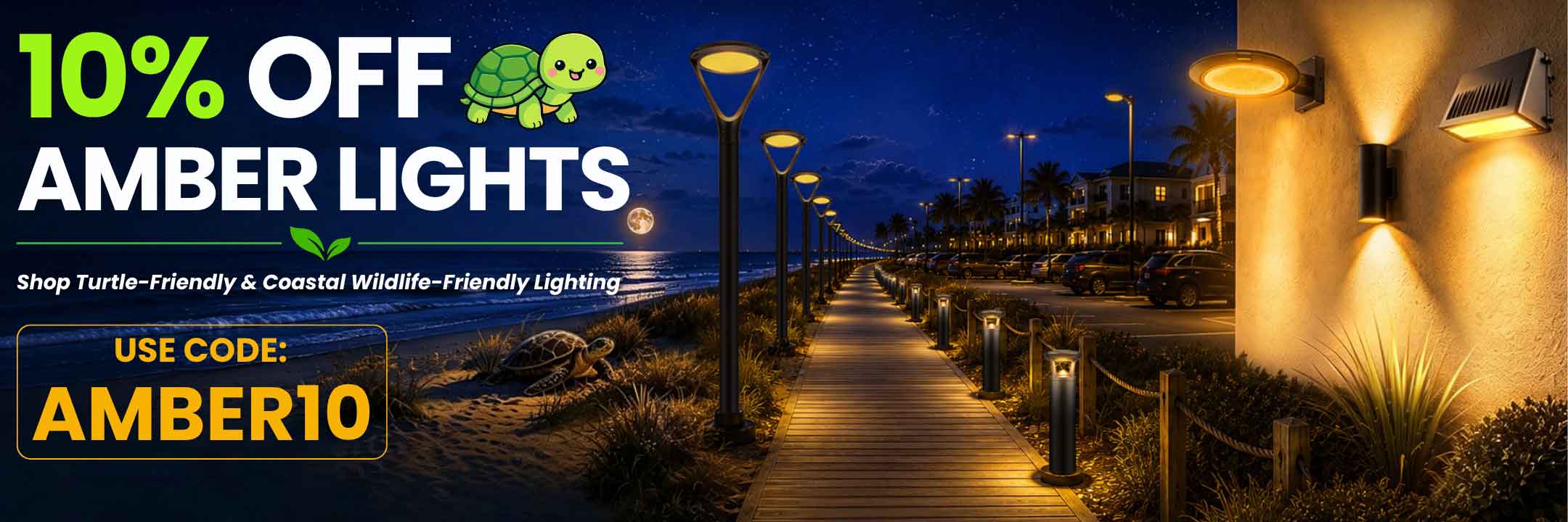 Promotional banner for amber outdoor lighting, showing a nighttime boardwalk scene with illuminated post lights and wall sconces, plus large text reading '10% OFF AMBER LIGHTS' and 'USE CODE: AMBER10'.