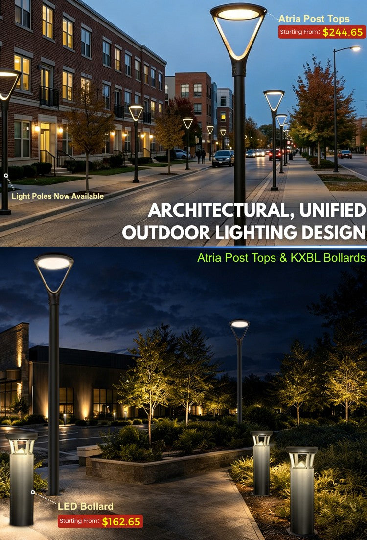 Konlite LED Post Top Light and LED Bollard fixtures with text on architectural and unified design.