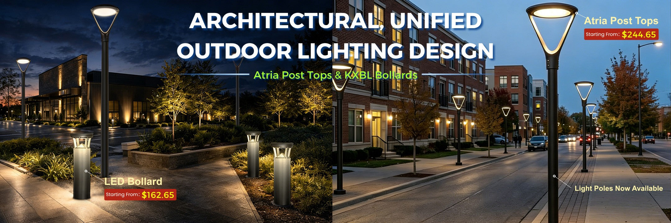 Architectural unified outdoor lighting design with streetlights and buildings in the background.