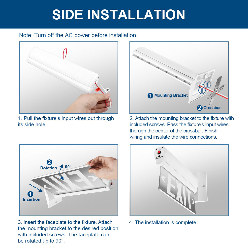 Step-by-step installation guide for a fixture with mounting bracket and faceplate.