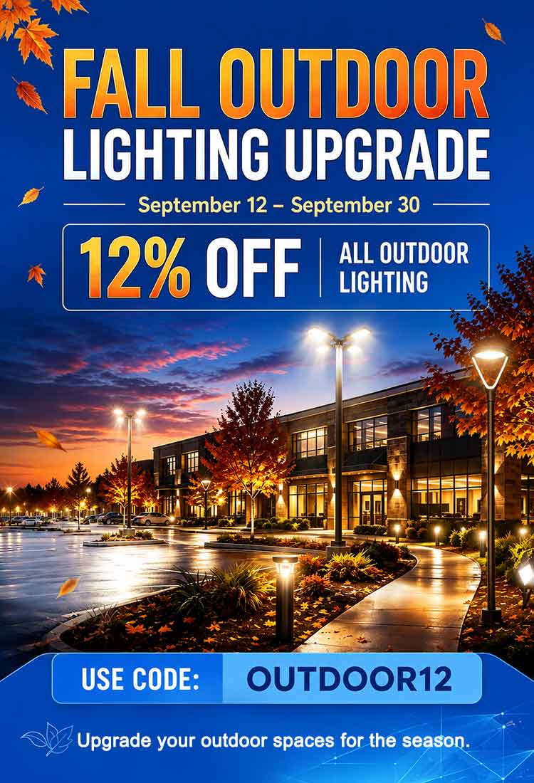 Promotional flyer for a fall outdoor lighting upgrade, featuring a twilight scene of a modern building with illuminated walkways and streetlights. Large text reads 'FALL OUTDOOR LIGHTING UPGRADE,' with dates 'September 12 – September 30,' '12% OFF,' and 'ALL OUTDOOR LIGHTING.