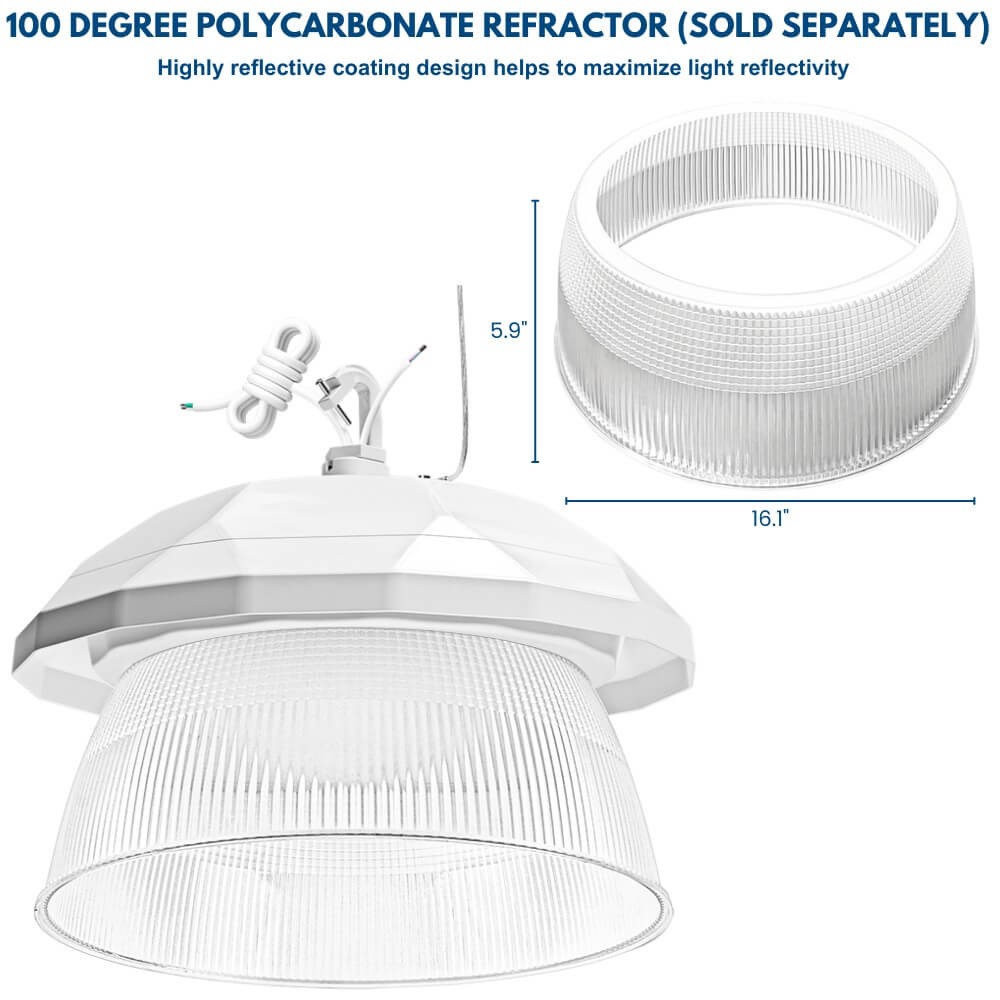 NSF Certified LED High Bay Light with a reflector and the dimensions