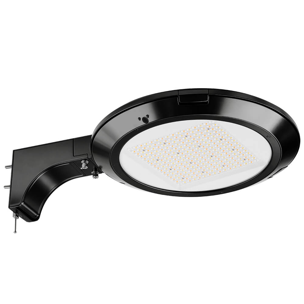 Black finish Konlite Atria LED Area Light with Extrusion Arm