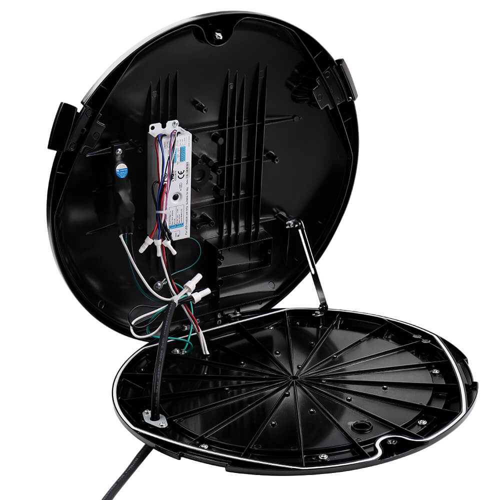 Internal view of opened Atria LED Area Light showing wires and LED driver.