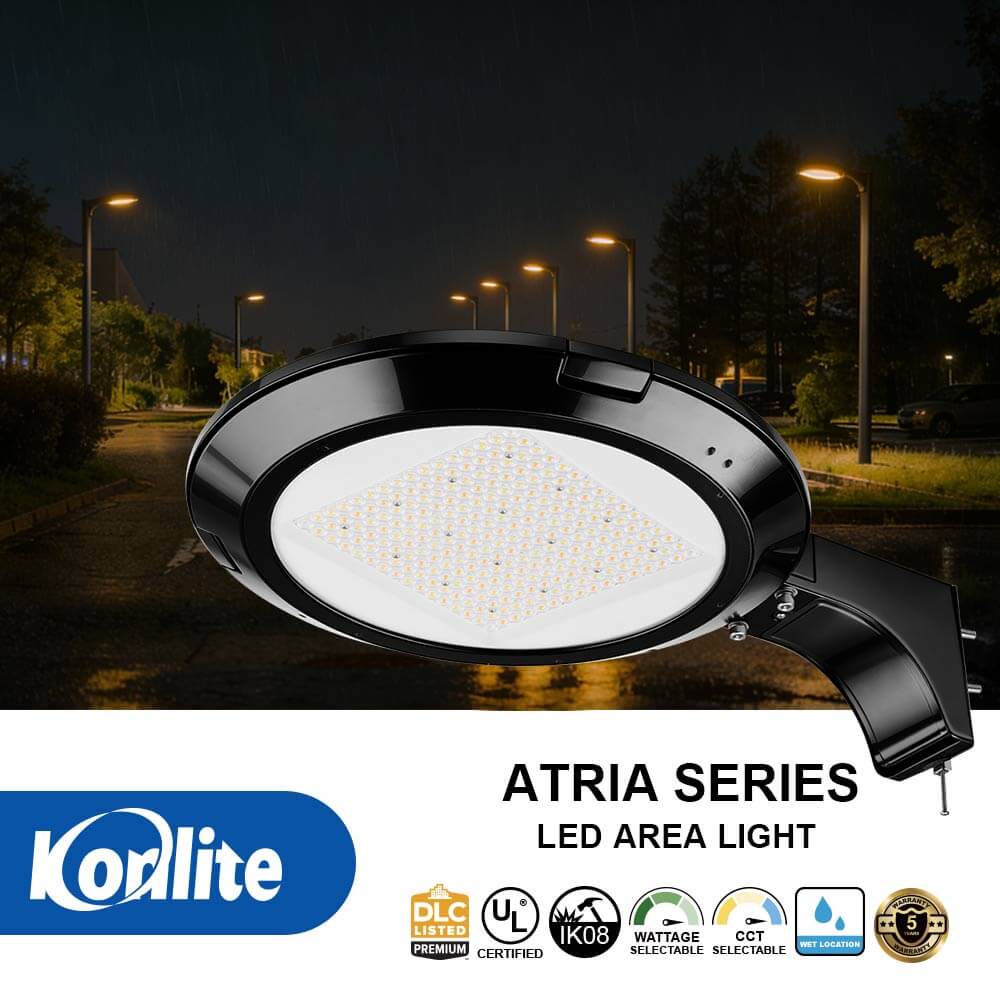 Features and certifications for the Konlite Atria LED Black Area Light.