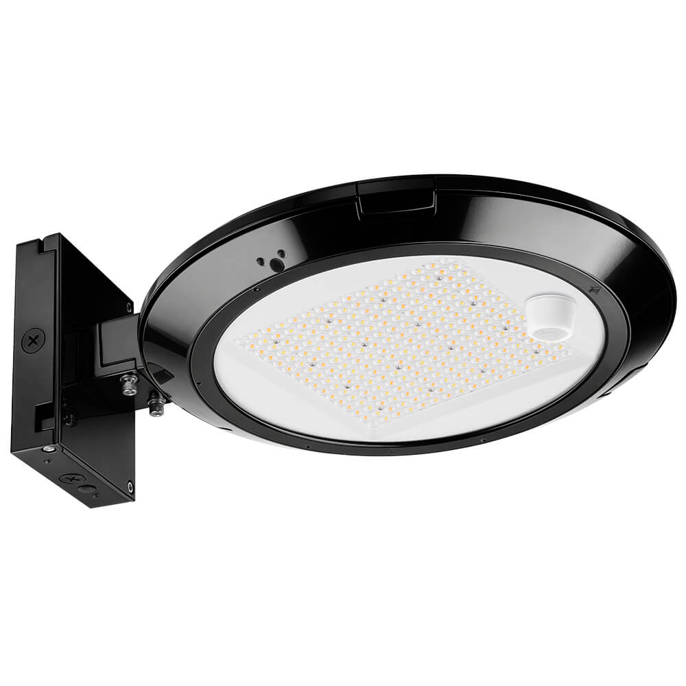 Black Konlite Atria LED Area Light with wall mount and motion sensor installed
