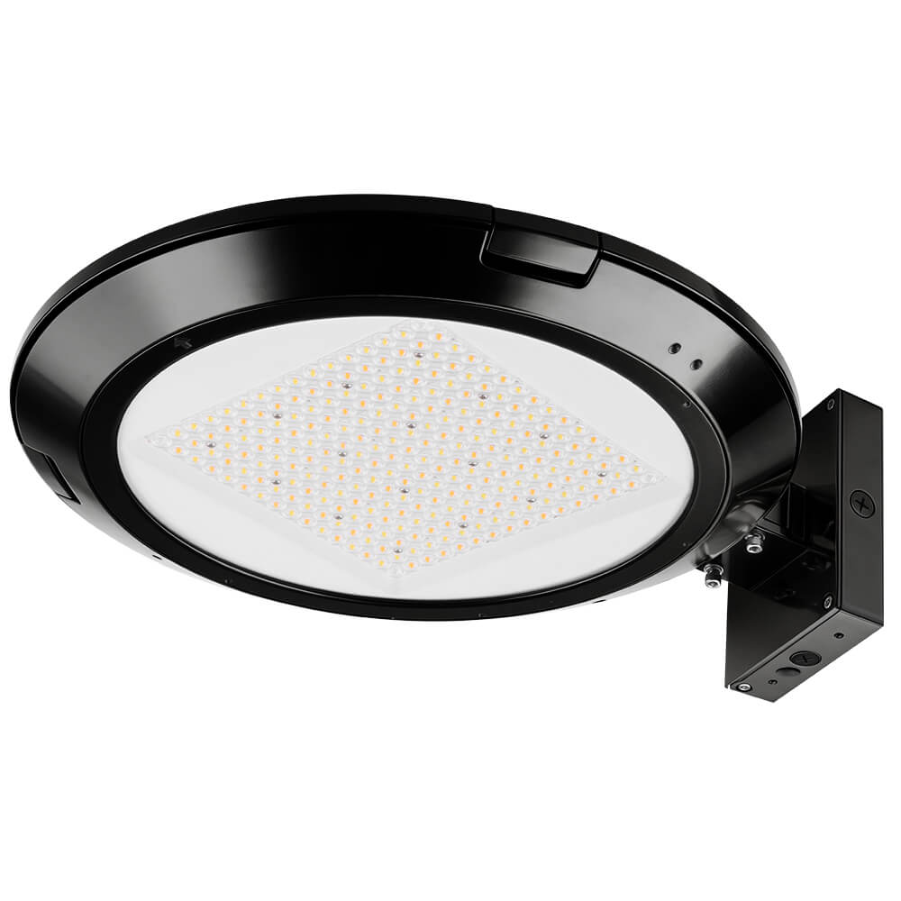 Underside view of black finish Atria LED Area Light with Wall Mount
