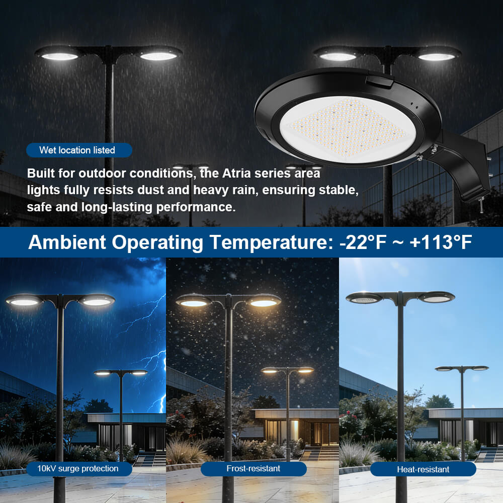 Konlite Atria LED Black Area lights in various outdoor conditions with highlighted weather-resistant features.