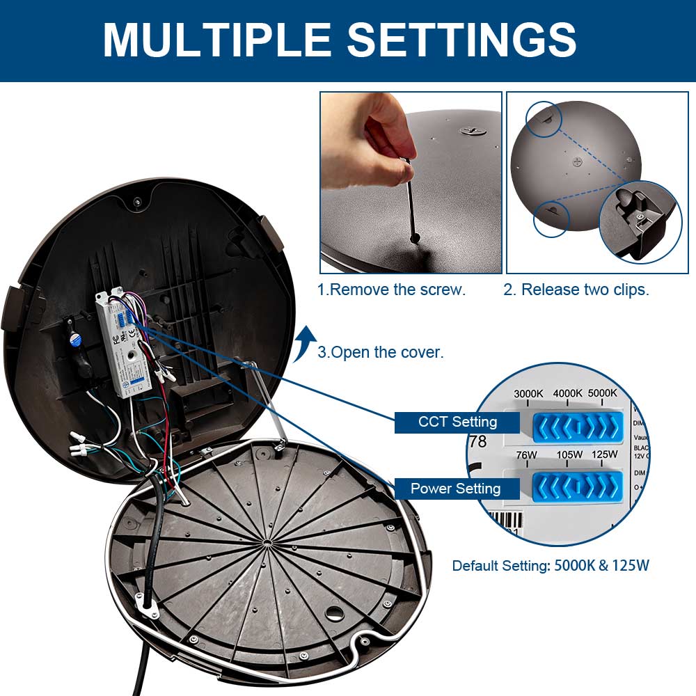 Step-by-step guide on how to adjust power and CCT settings on a 125w Konlite Atira LED Area Light