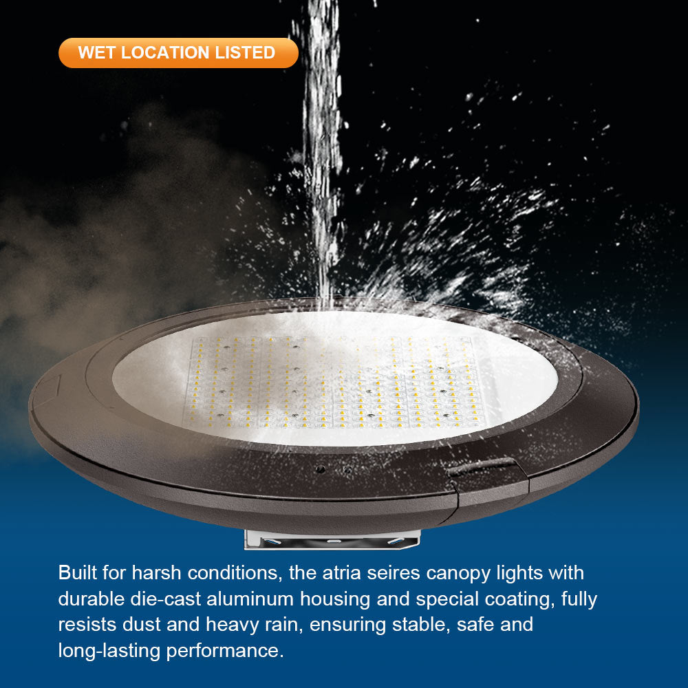 Canopy light with water splashing around it, labeled 'Wet Location Listed'.