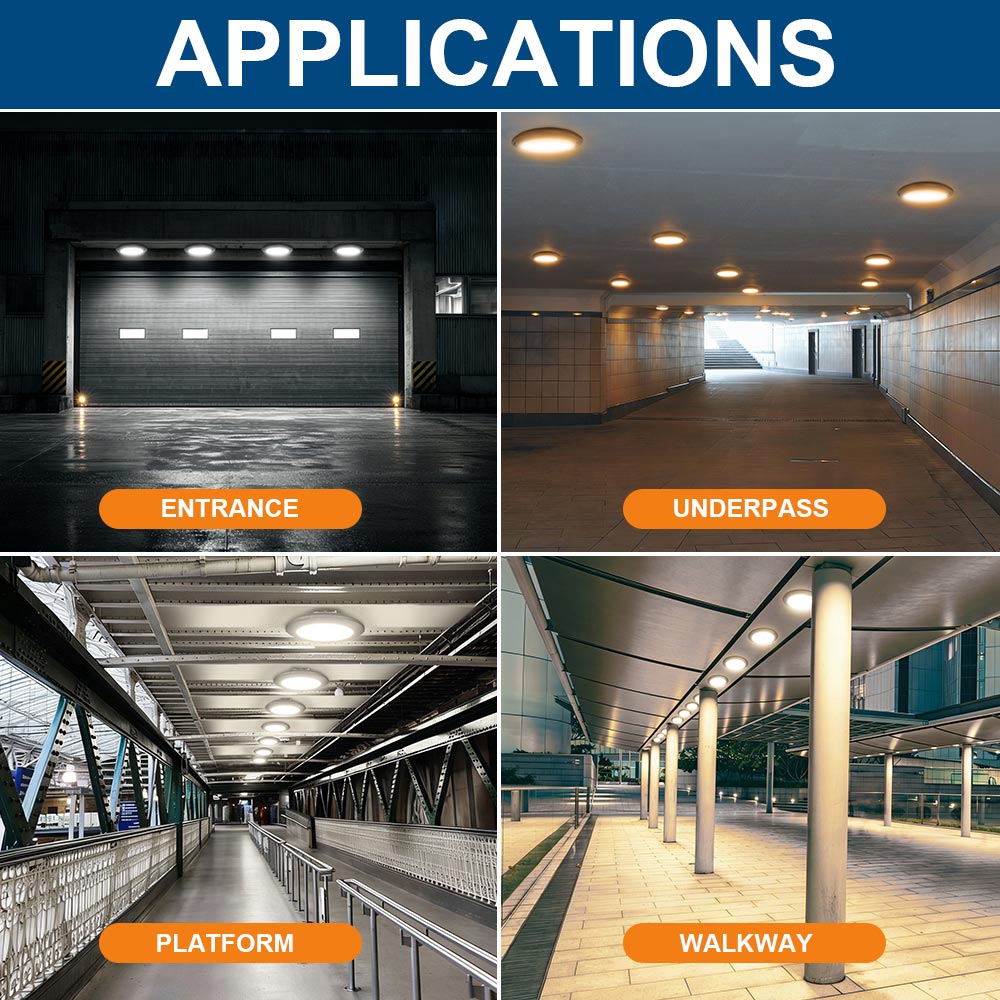 Collage of lighting applications for a Konlite Atria Series Premium LED Canopy Light - 125W