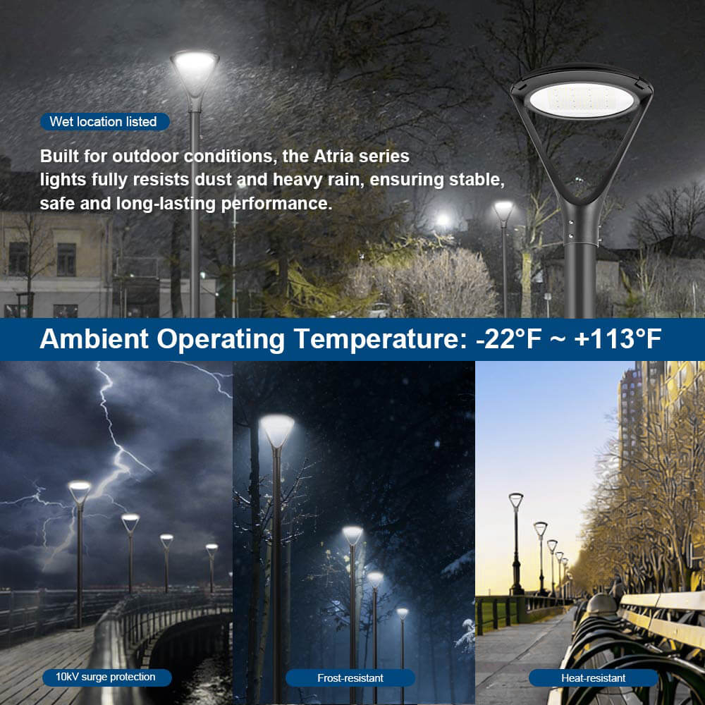 Weather-resistant design for Atria LED Black Post Top Lights